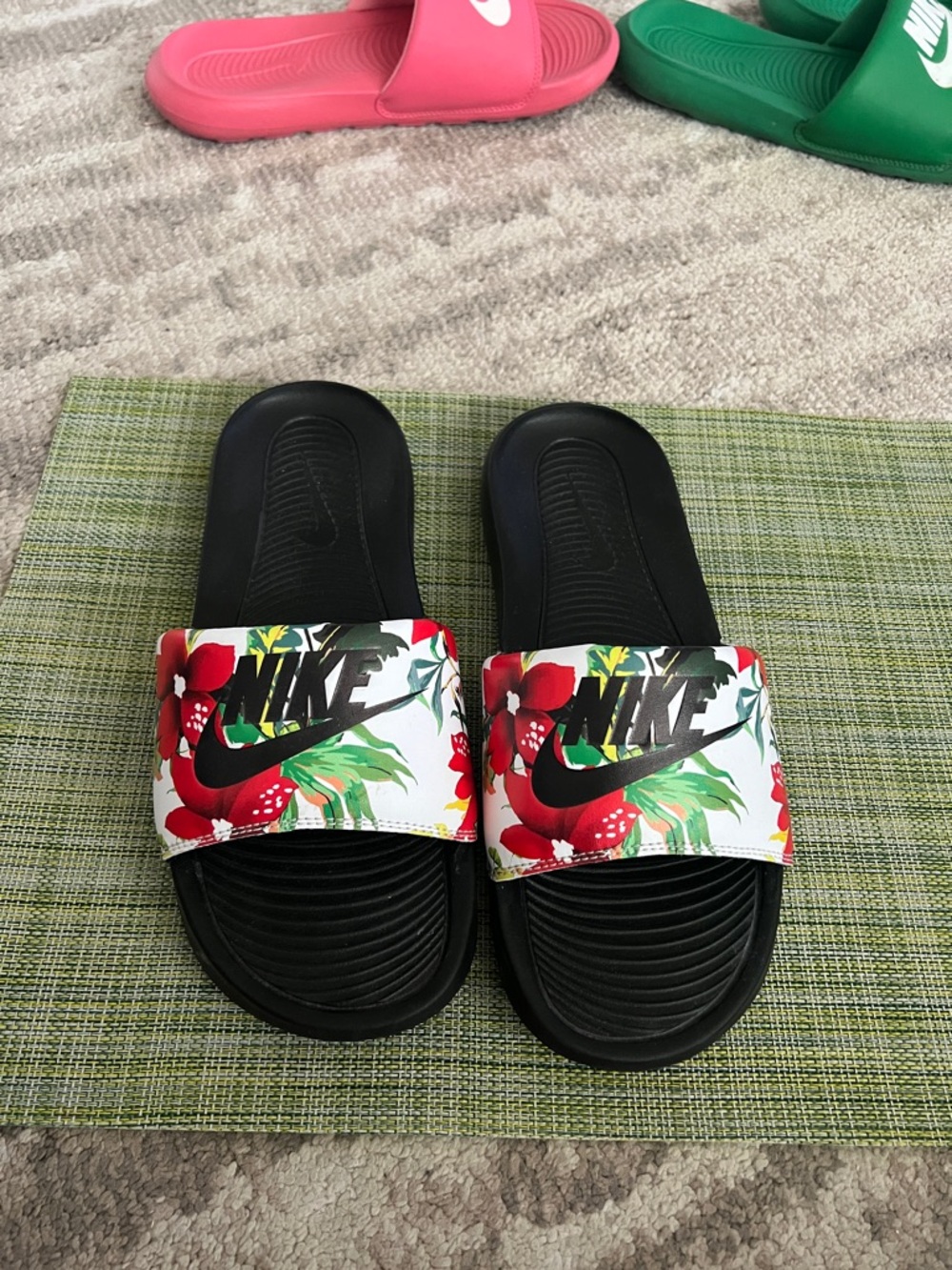 Nike Victori Black Slides with Red Floral Strap